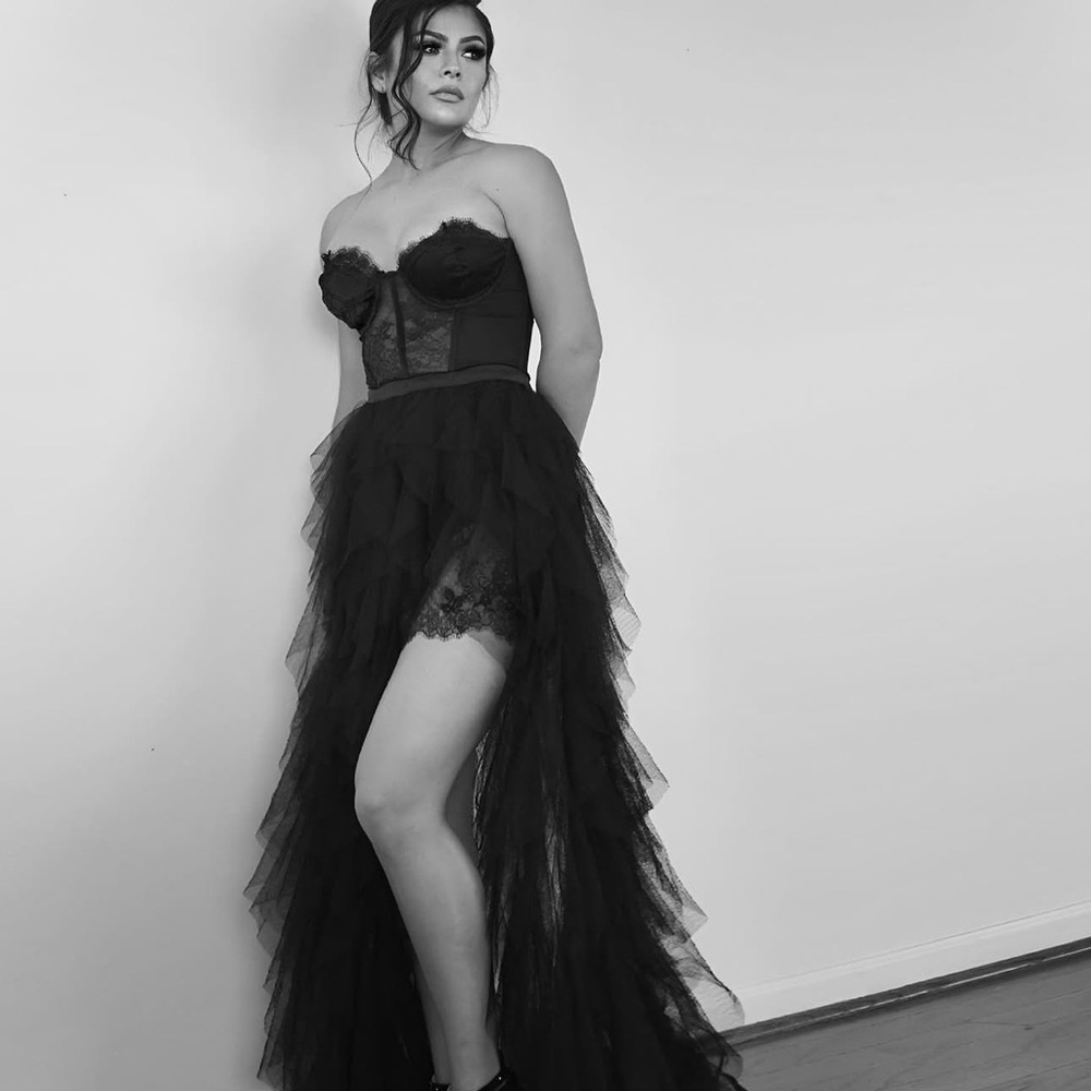 Strapless Black Lace Bustier High-Low Tulle Evening Dress